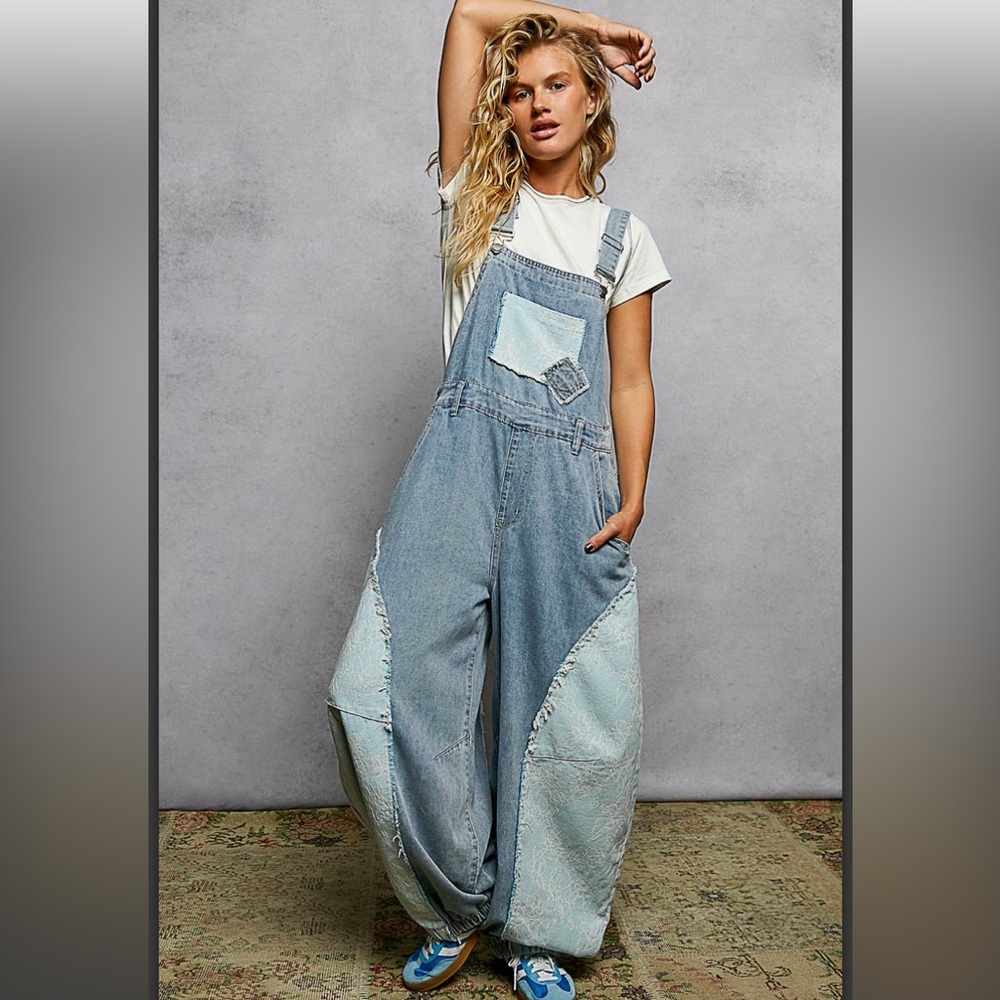 POL Light Blue Patchwork Denim Overalls